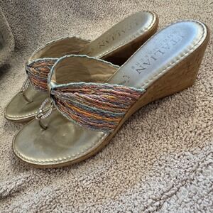 Italian Shoemakers Gold Multi-Color Woven Rhinestone Cork Wedge Sandals Size 8